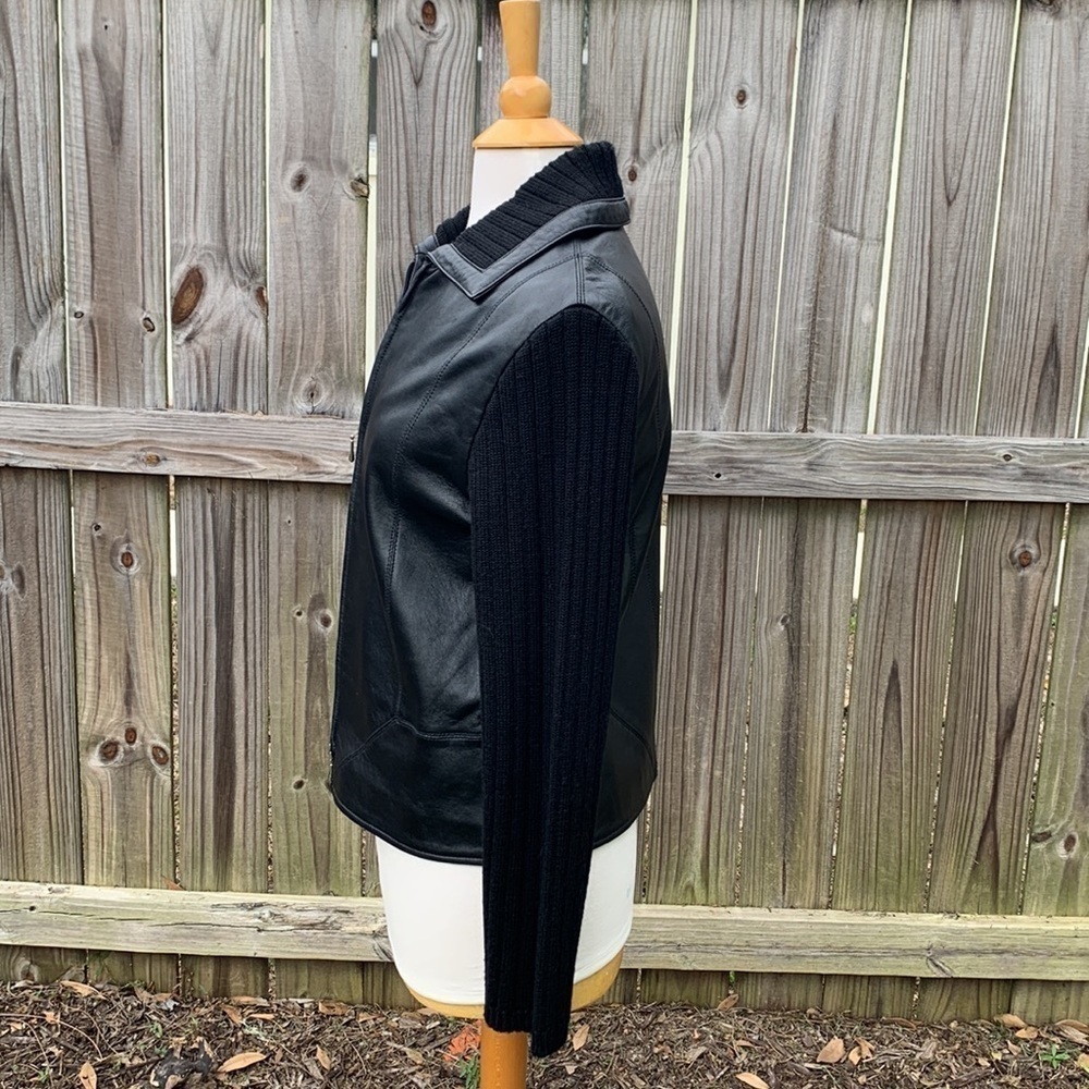 Coldwater Creek black leather jacket, knit sleeves, size small - Picture 2 of 6